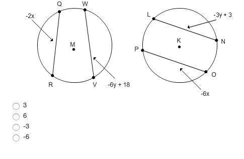 Circles m and k are congruent, qr is congruent to ln and op is congruent to vw. find y.&lt;