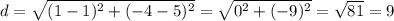 d=\sqrt{(1-1)^2+(-4-5)^2}=\sqrt{0^2+(-9)^2}=\sqrt{81}=9