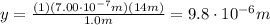 y=\frac{(1)(7.00\cdot 10^{-7} m)(14 m)}{1.0 m}=9.8\cdot 10^{-6}m