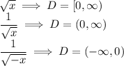 \sqrt{x} \implies D = [0,\infty)\\\dfrac{1}{\sqrt{x}} \implies D = (0,\infty)\\ \dfrac{1}{\sqrt{-x}} \implies D = (-\infty,0)