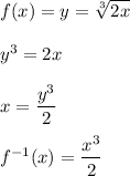 f(x)=y=\sqrt[3]{2x} \\ \\y^3=2x\\ \\x=\dfrac{y^3}{2}\\ \\f^{-1}(x)=\dfrac{x^3}{2}