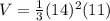 V=\frac{1}{3}(14)^{2}(11)