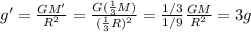 g'=\frac{GM'}{R^2}=\frac{G(\frac{1}{3}M)}{(\frac{1}{3}R)^2}=\frac{1/3}{1/9}\frac{GM}{R^2}=3 g