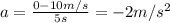 a=\frac{0-10 m/s}{5 s}=-2 m/s^2