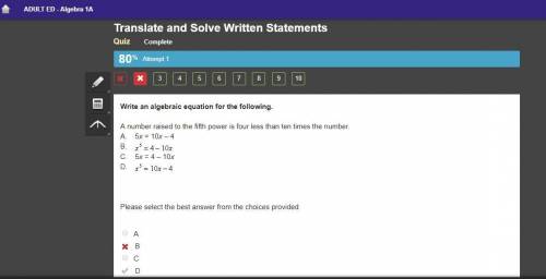 Write an algebraic equation for the following. a number raised to the fifth power is four less than