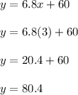 y=6.8x+60\\\\y=6.8(3)+60\\\\y=20.4+60\\\\y=80.4