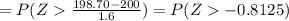 =P(Z\frac{198.70-200}{1.6})=P(Z-0.8125)