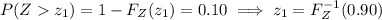 P(Zz_1)=1-F_Z(z_1)=0.10\implies z_1=F_Z^{-1}(0.90)