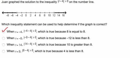 Juan graphed the solution to the inequality |r-4| >  8 on the number line.