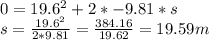 0=19.6^2+2*-9.81*s\\s=\frac{19.6^2}{2*9.81}=\frac{384.16}{19.62}=19.59m