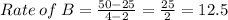 Rate\:of\:B=\frac{50-25}{4-2} =\frac{25}{2}=12.5