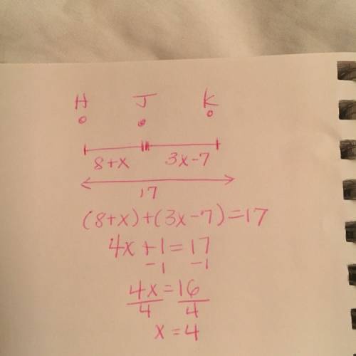 Given that j is between h and k. zif hj=8+×,jk=3x -7 and hk=17 find x