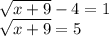 \sqrt{x+9}-4=1 \\  \sqrt{x+9}=5&#10;