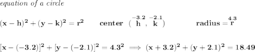 \bf \textit{equation of a circle}\\\\ (x- h)^2+(y- k)^2= r^2 \qquad center~~(\stackrel{-3.2}{ h},\stackrel{-2.1}{ k})\qquad \qquad radius=\stackrel{4.3}{ r}\\[2em] [x-(-3.2)]^2+[y-(-2.1)]^2=4.3^2\implies (x+3.2)^2+(y+2.1)^2=18.49
