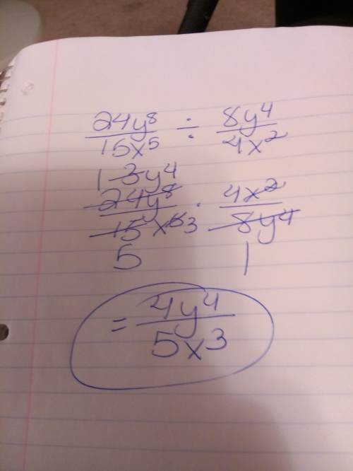 What is the simplified form of 24 y to the eighth power over 15 x to the fifth power divided by 8 y