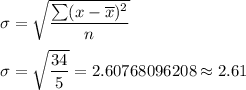\sigma=\sqrt{\dfrac{\sum  (x-\overline{x})^2}{n}}\\\\\sigma=\sqrt{\dfrac{34}{5}}=2.60768096208\approx2.61