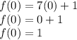 f (0) = 7 (0) + 1\\f (0) = 0 + 1\\f (0) = 1