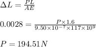 \Delta L=\frac{PL}{AE}\\\\0.0028=\frac{P\times 1.6}{9.50\times 10^{-7}\times 117\times 10^9}\\\\P=194.51N