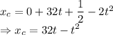 x_c=0+32t+\dfrac{1}{2}-2t^2\\\Rightarrow x_c=32t-t^2