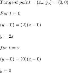 Tangent\,\,point=(x_o,y_o)=(0,0)\\\\For\,\,t=0\\\\(y-0)=(2)(x-0)\\\\y=2x\\\\for\,\,t=\pi\\\\(y-0)=(0)(x-0)\\\\y=0