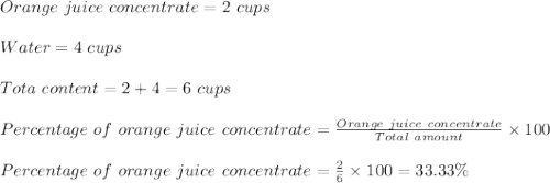 Orange\ juice\ concentrate=2\ cups\\\\Water=4\ cups\\\\Tota\ content=2+4=6\ cups\\\\Percentage\ of\ orange\ juice\ concentrate=\frac{Orange\ juice\ concentrate}{Total\ amount}\times 100\\\\Percentage\ of\ orange\ juice\ concentrate=\frac{2}{6}\times 100=33.33\%