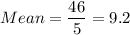 Mean =\displaystyle\frac{46}{5} = 9.2