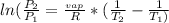 ln(\frac{P_{2} }{P_{1} }  = \frac{\deltaH_{vap}  }{R} * (\frac{1}{T_{2} } - \frac{1}{T_{1}) }