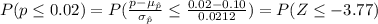 P (p\leq 0.02)=P(\frac{p-\mu_{\hat p}}{\sigma_{\hat p}}\leq \frac{0.02-0.10}{0.0212})=P(Z\leq -3.77)