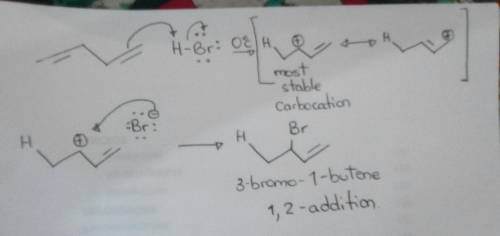 Draw the major product expected when 1,3-butadiene is treated with one equivalent of HBr at 0ÂºC, an