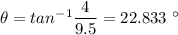 \theta=tan^{-1}\dfrac{4}{9.5}=22.833\ ^{\circ}