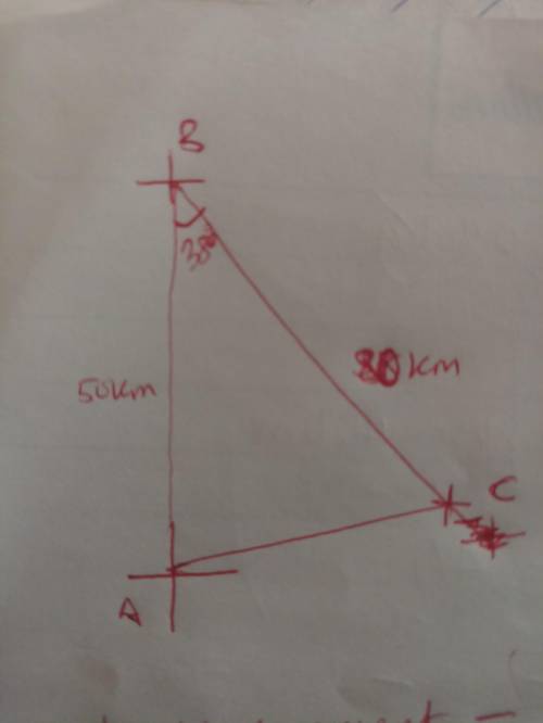 A sailboat sails 50 km to the north then 80 km in the direction 38 degrees west of south. what is th