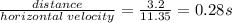 \frac{distance}{horizontal\;velocity}=\frac{3.2}{11.35}=0.28 s