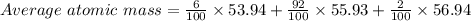 Average\ atomic\ mass=\frac{6}{100}\times {53.94}+\frac{92}{100}\times {55.93}+\frac{2}{100}\times {56.94}