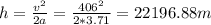 h = \frac{v^2}{2a} = \frac{406^2}{2*3.71} = 22196.88m