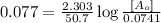 0.077=\frac{2.303}{50.7}\log\frac{[A_o]}{0.0741}