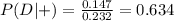 P(D|+) =\frac{0.147}{0.232}=0.634