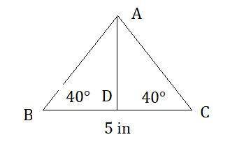 A triangle with 2 40 degree angles that surround a 5 inch side