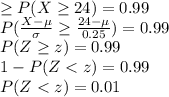 \geq P(X \geq 24) = 0.99\\P(\frac{X-\mu}{\sigma}\geq  \frac{24-\mu}{0.25})=0.99\\P(Z \geq z)=0.99\\1-P(Z