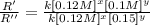 \frac{R'}{R''}=\frac{k[0.12 M]^x[0.1 M]^y}{k[0.12 M]^x[0.15]^y}