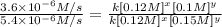 \frac{3.6\times 10^{-6} M/s}{5.4\times 10^{-6} M/s}=\frac{k[0.12 M]^x[0.1 M]^y}{k[0.12 M]^x[0.15 M]^y}