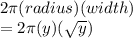 2\pi (radius)(width)\\= 2\pi (y) (\sqrt{y} )