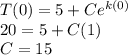 T(0) = 5 + Ce^{k(0)}\\20 = 5 + C(1)\\C = 15
