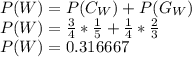 P(W) = P(C_W)+ P(G_W)\\P(W) = \frac{3}{4}*\frac{1}{5}+ \frac{1}{4}*\frac{2}{3}\\P(W) = 0.316667
