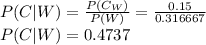 P(C|W) = \frac{P(C_W)}{P(W)}=\frac{0.15}{0.316667} \\P(C|W) = 0.4737