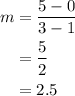 \begin{aligned}m &=\frac{5-0}{3-1} \\&=\frac{5}{2} \\&=2.5\end{aligned}
