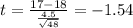 t = \frac{17- 18}{\frac{4.5}{\sqrt{48}}} = -1.54