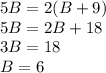 5B = 2(B + 9)\\5B = 2B + 18\\3B = 18\\B = 6