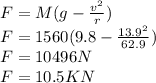 F=M(g-\frac{v^{2}}{r})\\F=1560(9.8-\frac{13.9^{2}}{62.9})\\F=10496N\\F=10.5KN