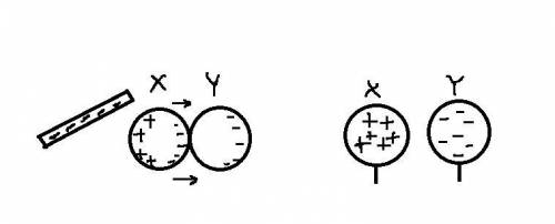A negatively charged rubber rod is brought close to but does not make contact with sphere X. Sphere