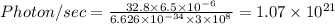 Photon/sec=\frac{32.8\times 6.5\times 10^{-6}}{6.626\times 10^{-34}\times 3\times 10^8}=1.07\times 10^{21}